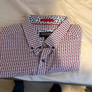 Johnston & Murphy Full button short sleeve shirt with red and blue fish pattern